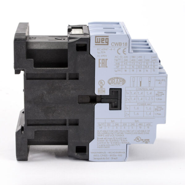 Contactor Trifásico WEG CWB18-11-30 D23 18A 220V AC3 - Imagen 3