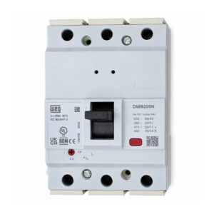 Vista frontal del interruptor WEG DWB250N-200-3DF de 3 polos, con la palanca y la etiqueta del fabricante.